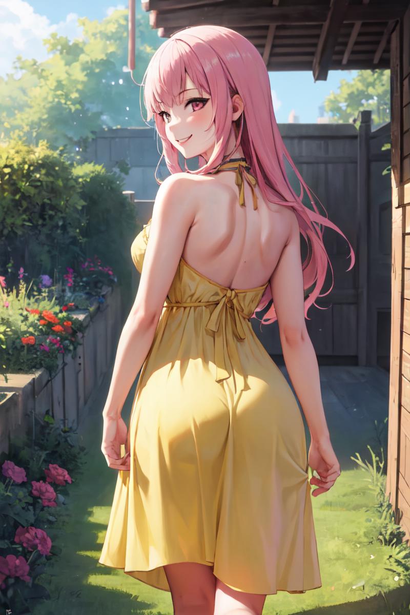 06523-3061132487-masterpiece, best quality, absurdres, perfect anatomy, 1girl, solo, MoriCalliope, long hair, from behind, (yellow sundress), gar.png